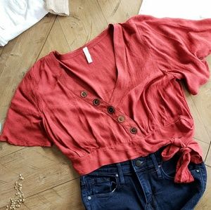 Burnt Orange Crop Blouse with Flutter Sleeves